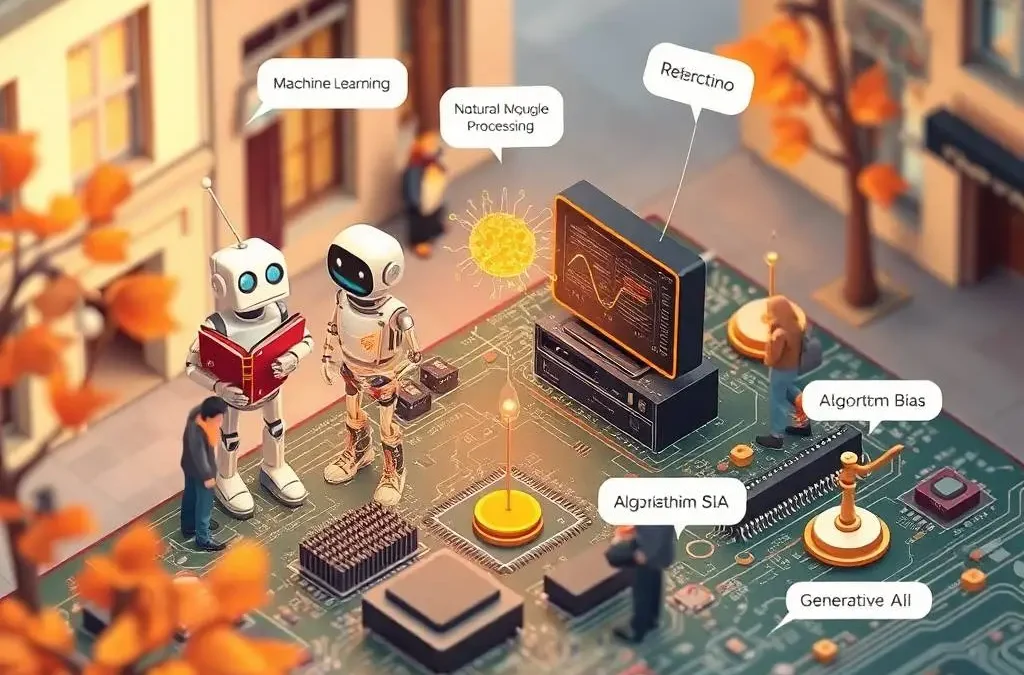 Conceptos de IA isométricos para Web Asturias Click robot, neurona, ordenador y balanza en escena urbana.
