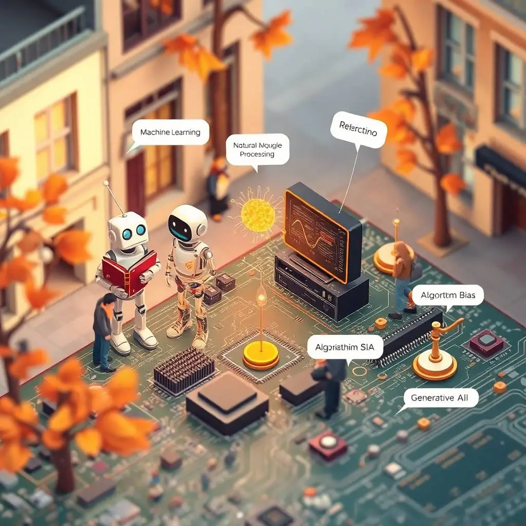 Conceptos de IA isométricos para Web Asturias Click robot, neurona, ordenador y balanza en escena urbana.