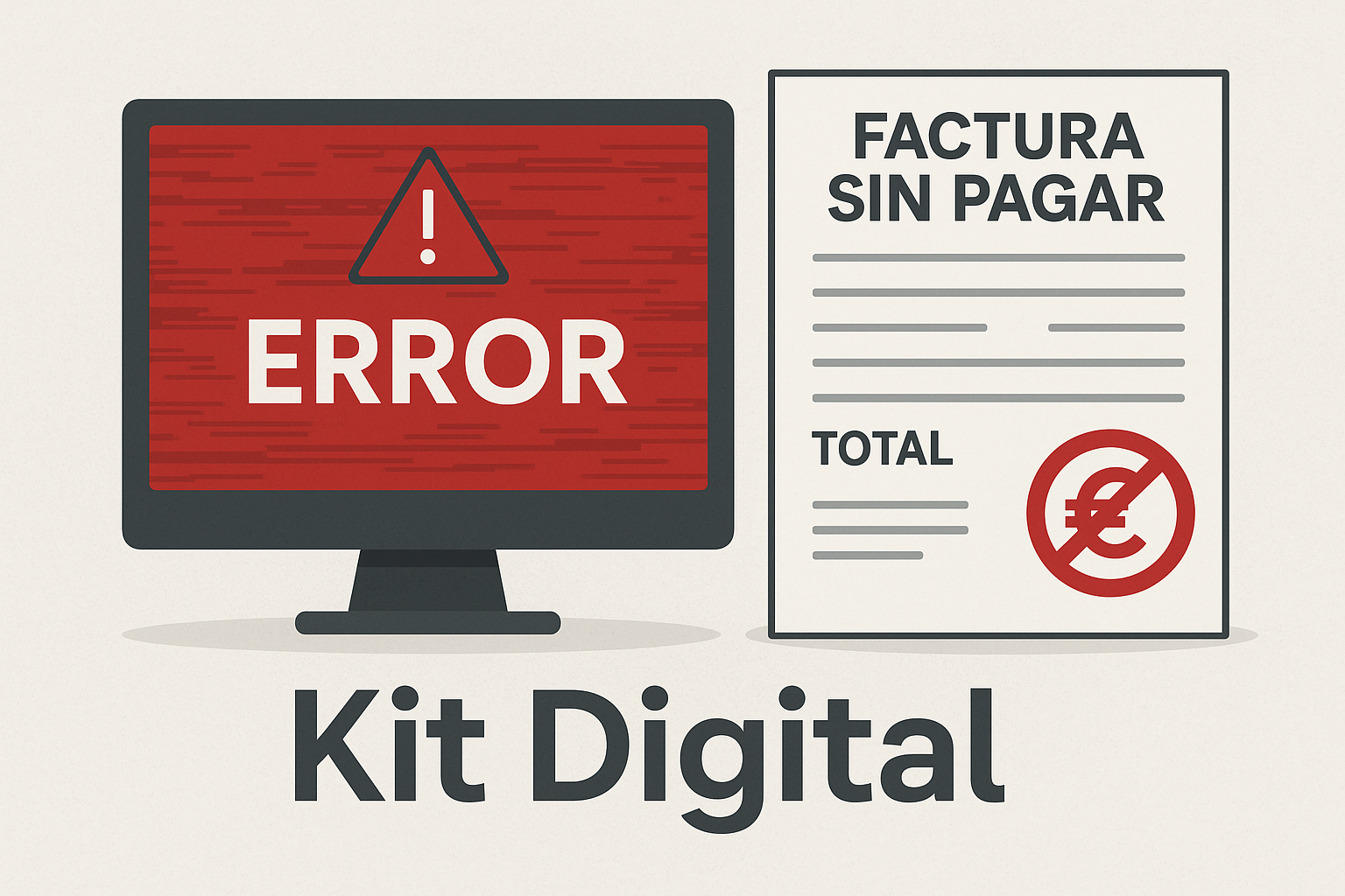Pantalla con mensaje de error digital junto a una factura sin pagar, simbolizando el fracaso del Kit Digital