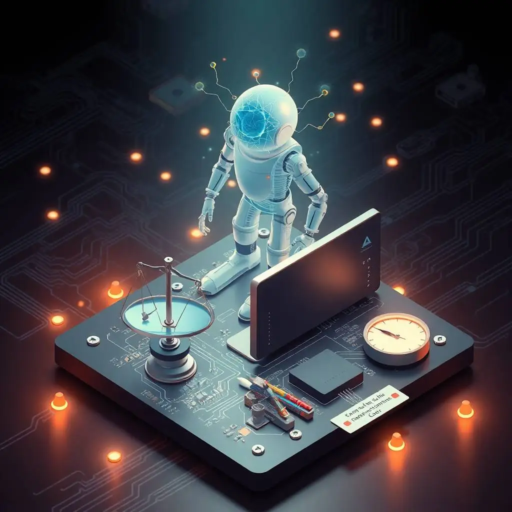 IA-isométrica-en-Web-Asturias-Click-robot_-neurona_-PC_-balanza-y-pincel-en-circuito. IA isométrica en Web Asturias Click robot, neurona, PC, balanza y pincel en circuito.