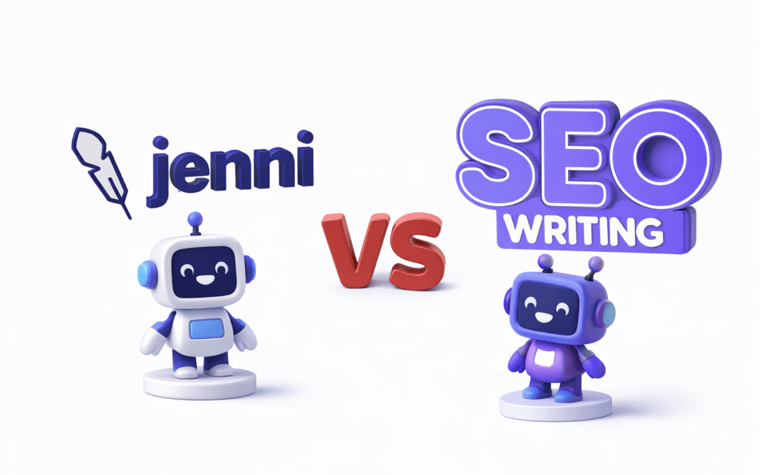 Ilustración 3D comparativa entre Jenni.ai y SEOwriting.ai con dos figuras robóticas en miniatura sobre peanas, los logotipos de ambas herramientas arriba y un “VS” rojo en el centro, fondo blanco minimalista.