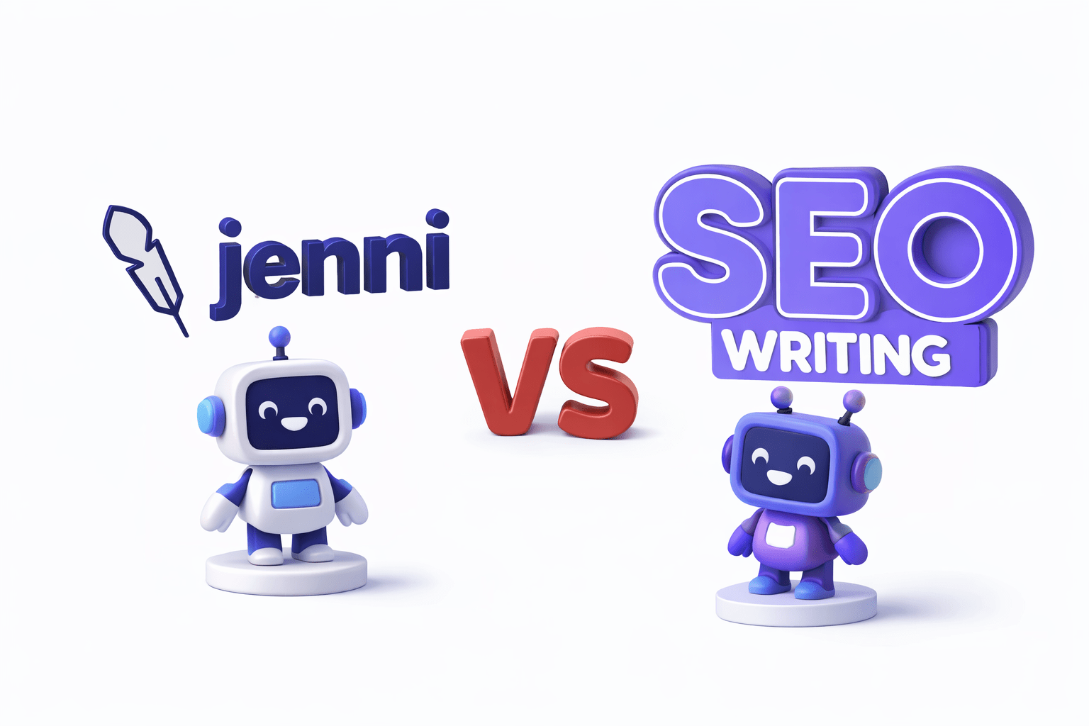 Ilustración 3D comparativa entre Jenni.ai y SEOwriting.ai con dos figuras robóticas en miniatura sobre peanas, los logotipos de ambas herramientas arriba y un “VS” rojo en el centro, fondo blanco minimalista.