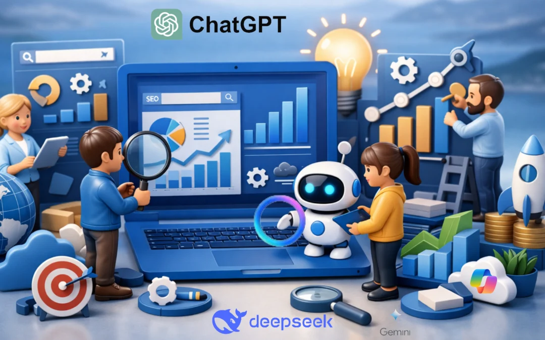 Herramientas de inteligencia artificial para marketing: ChatGPT, DeepSeek y Gemini representadas con personajes 3D trabajando con SEO, análisis de datos y un robot IA