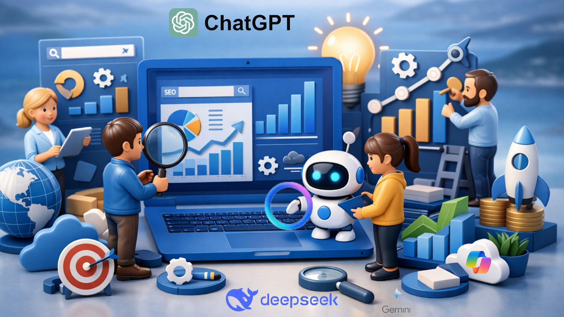 Herramientas de inteligencia artificial para marketing: ChatGPT, DeepSeek y Gemini representadas con personajes 3D trabajando con SEO, análisis de datos y un robot IA