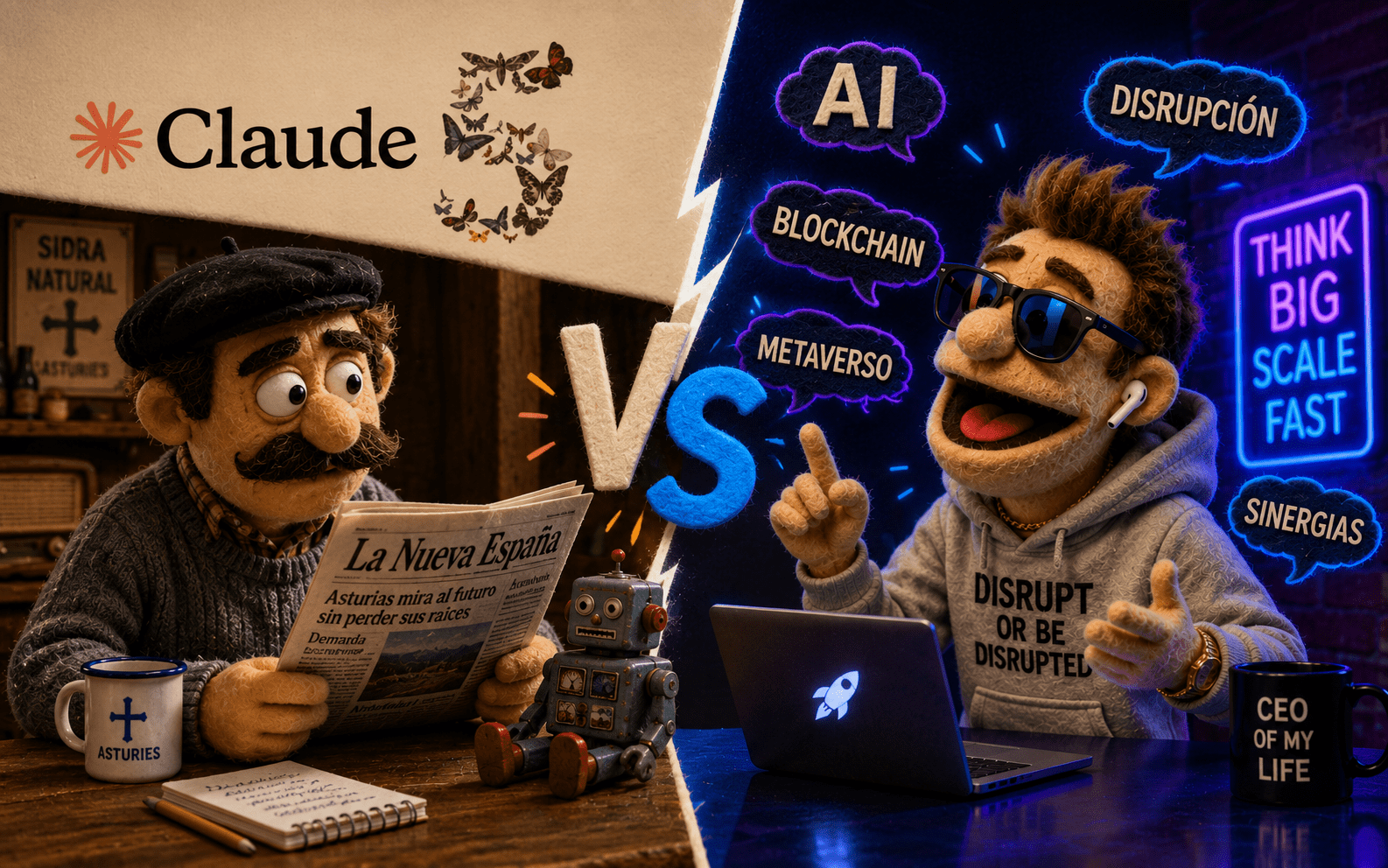 Ilustración de marionetas de fieltro mostrando un enfrentamiento entre un comerciante tradicional asturiano y un emprendedor tecnológico rodeado de conceptos de inteligencia artificial como IA, blockchain, metaverso y disrupción, con el logotipo de Claude en la parte superior.