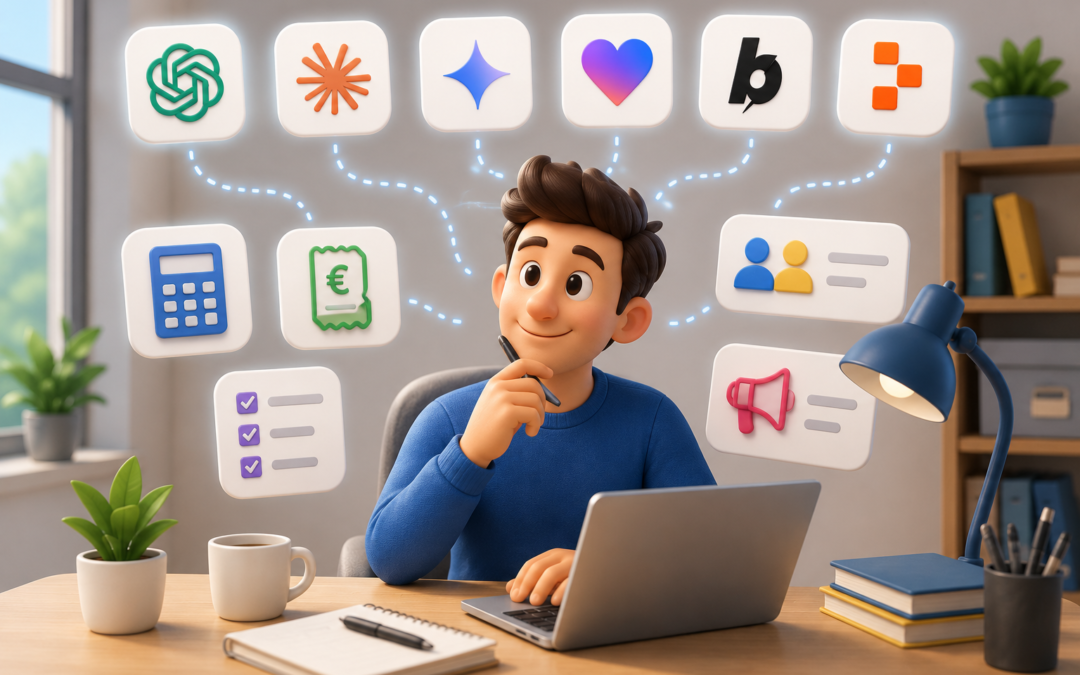 Ilustración 3D de un autónomo utilizando herramientas de inteligencia artificial como ChatGPT, Claude, Gemini, Lovable, Bolt y Replit para crear aplicaciones sin programar.