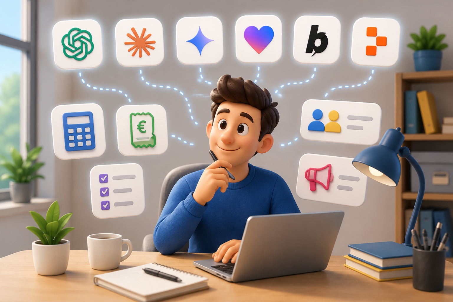Ilustración 3D de un autónomo utilizando herramientas de inteligencia artificial como ChatGPT, Claude, Gemini, Lovable, Bolt y Replit para crear aplicaciones sin programar.