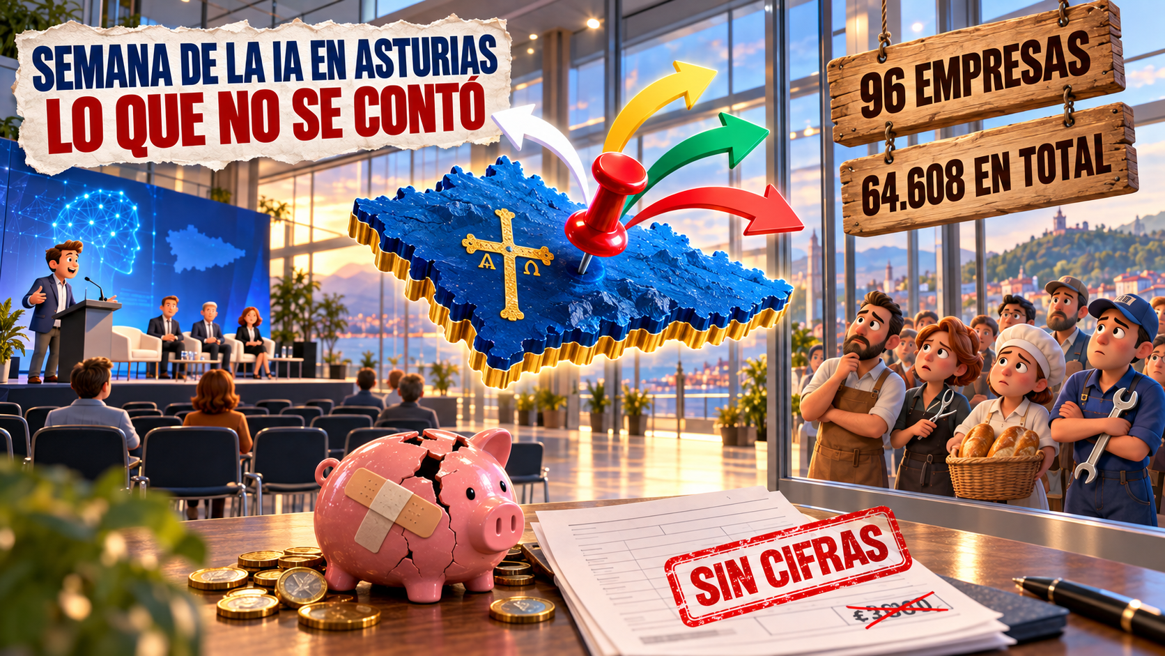 Ilustración 3D de la Semana de la IA en Asturias 2026 con mapa de Asturias, empresas y cifras del evento