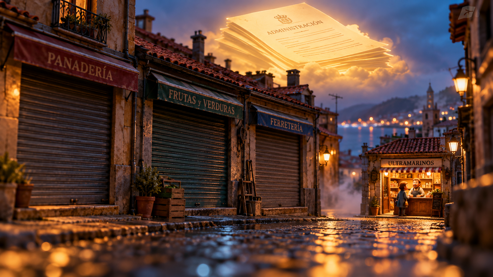 Ilustración de una calle con comercios de barrio cerrados y un ultramarinos iluminado al fondo, bajo un documento oficial gigante
