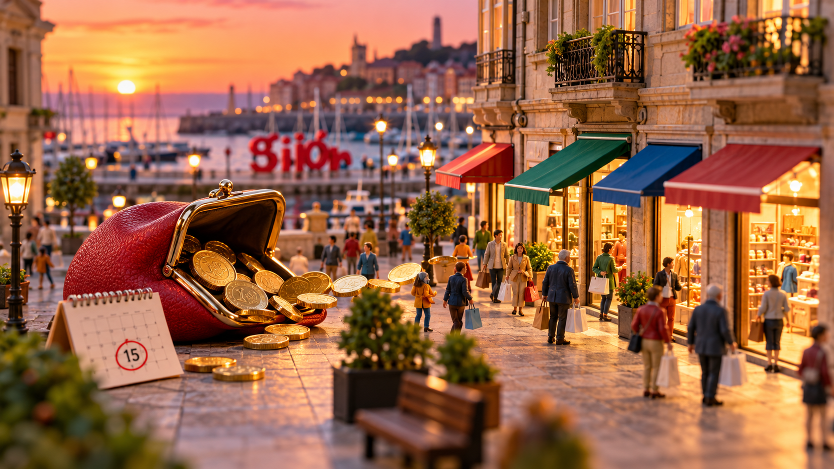Diorama 3D de una calle comercial de Gijón al atardecer, con tiendas de barrio, vecinos realizando compras, monedas doradas y el puerto deportivo al fondo.
