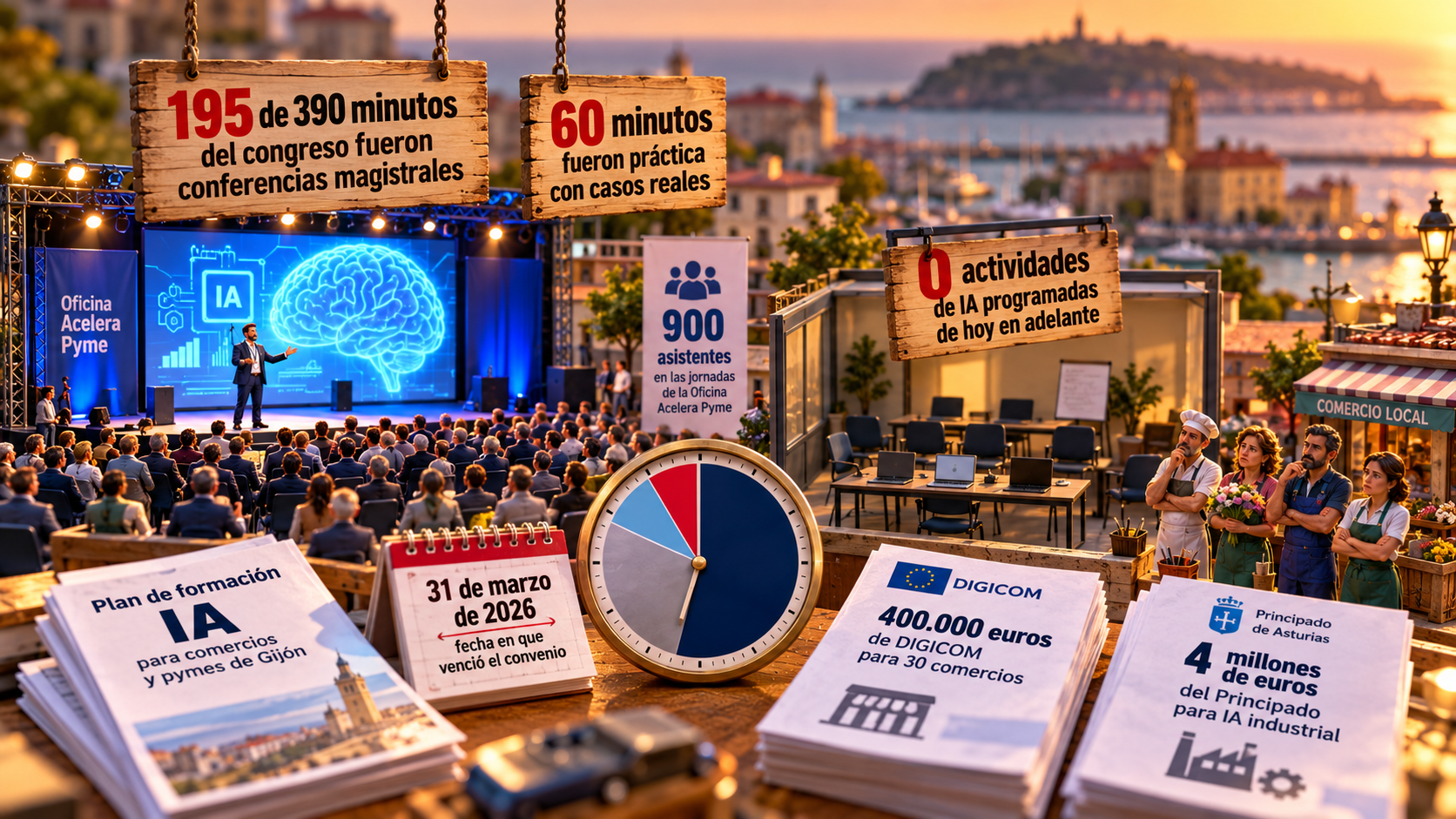 Ilustración en miniatura sobre la formación en inteligencia artificial en Gijón, con datos de las jornadas de la Oficina Acelera Pyme, práctica con casos reales, ayudas DIGICOM y financiación del Principado de Asturias.