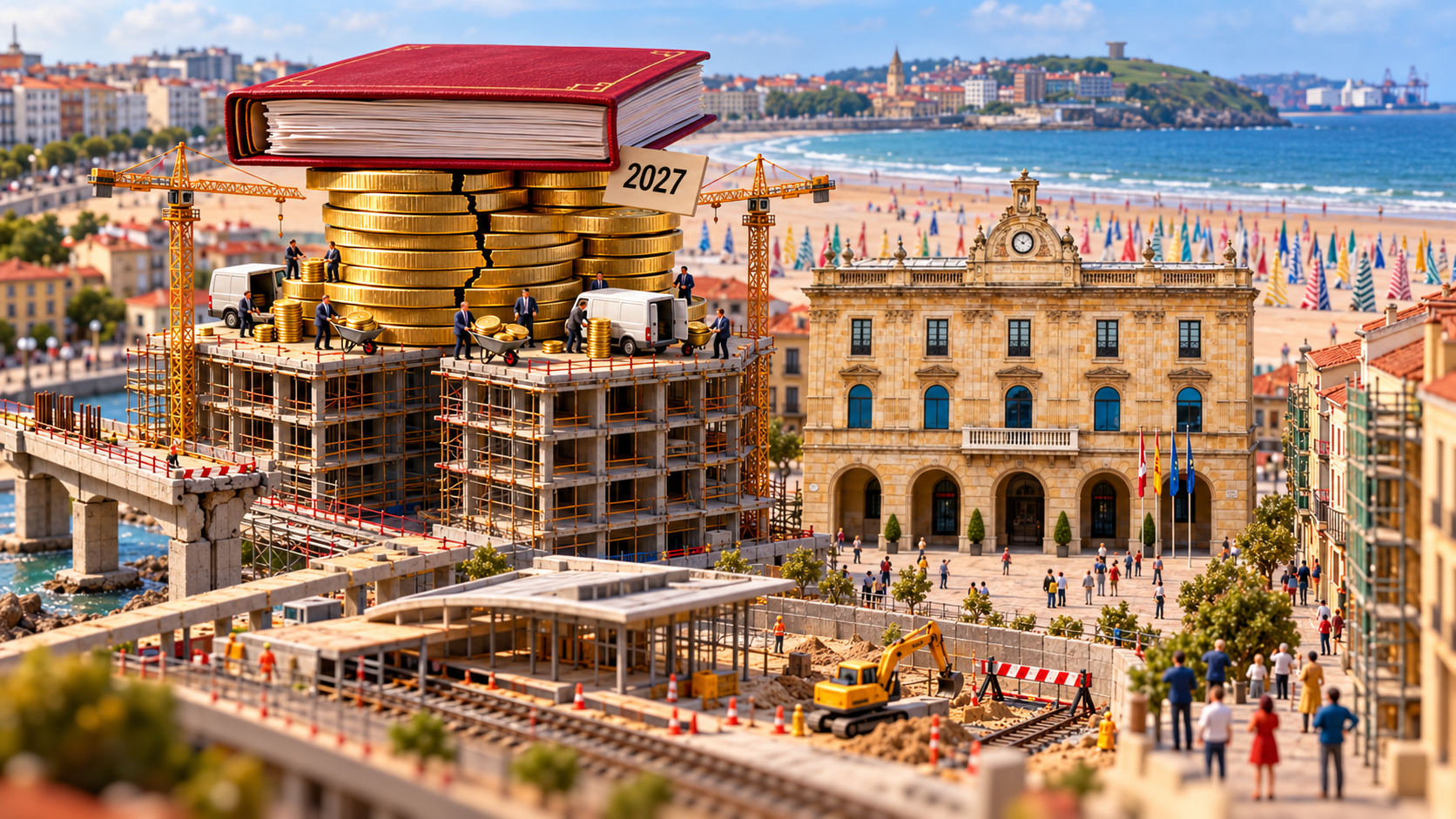 Diorama 3D del Ayuntamiento de Gijón y la playa de San Lorenzo con monedas, un libro presupuestario de 2027 y obras públicas inacabadas, como crítica visual a la inversión municipal.
